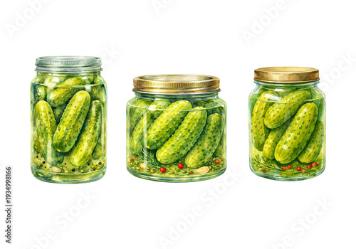 A charming watercolor collection of canned cucumbers in glass jars for homemade pickles and food packaging design.