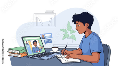 Man working on laptop and writing.