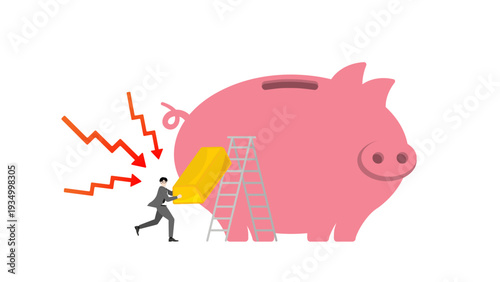 Businessman carrying a heavy gold bullion bar running away from crashing red arrows downward stock market graph to climb a ladder and save wealth in a giant piggy bank