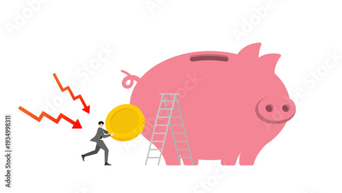 Businessman carrying a large gold coin and running away from falling red arrows downward graph to climb a ladder and deposit money into a giant piggy bank for financial safety