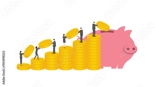 Team of business professionals collaborating to carry large gold coins up a rising coin stack bar chart to deposit into a piggy bank representing financial growth and group saving goals