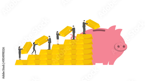 Team of business professionals collaborating to carry gold bullion bars up a rising gold bar chart to deposit into a piggy bank for wealth preservation and stable financial growth
