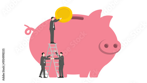 Professional business team providing support by holding a ladder for a colleague to drop a large gold coin into a giant piggy bank representing mutual help for financial success