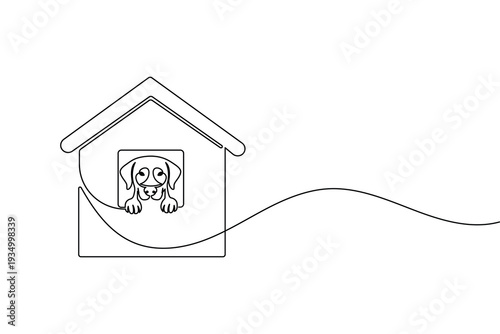 Dog house continuous one line art minimalist outline vector icon for pet services