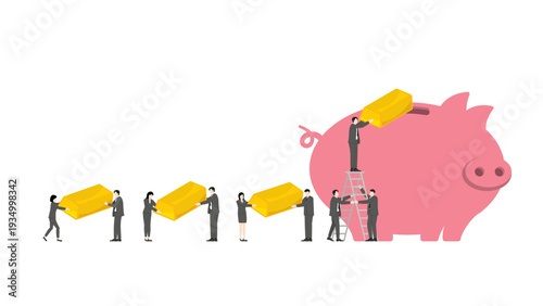Business professional team collaborating to carry gold bullion bars up a ladder to deposit into a giant piggy bank representing massive wealth accumulation and financial goal achievement