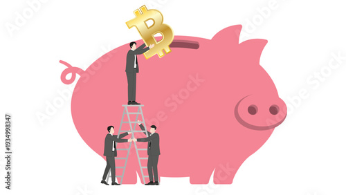 Business professional team providing safety support by holding a ladder for a colleague to deposit a large golden Bitcoin symbol into a giant piggy bank representing digital asset investment