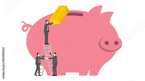Group of business professionals collaborating and providing safety support by holding a ladder for a teammate to deposit a large gold bullion bar into a giant piggy bank for wealth preservation