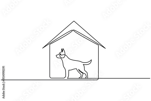 Dog house continuous one line art minimalist outline vector icon for pet services