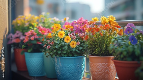 Wallpaper Mural Colorful Potted Flowers on a Sunny Balcony, Vibrant Summer Garden with Decorative Pots and Blooming Plants Torontodigital.ca