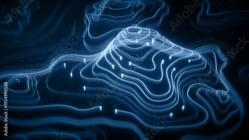 Futuristic holographic topographic environment featuring dynamic geomorphological terrain visualization, integrated into an advanced motion graphic user interface with a head-up display screen