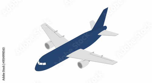 Blue Commercial Airplane Flying Isolated on White Background.