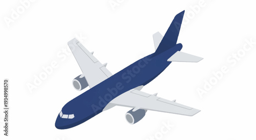 A blue and white airplane flying in the air.