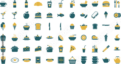 Food and drink icon collection with coffee burger pizza ice cream bread cake fruit and beverage symbols for restaurant menu design.