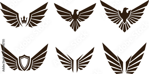 Stylized eagle wings emblem collection with shield crown and bird symbols isolated heraldic vector icons for logo badge crest design.