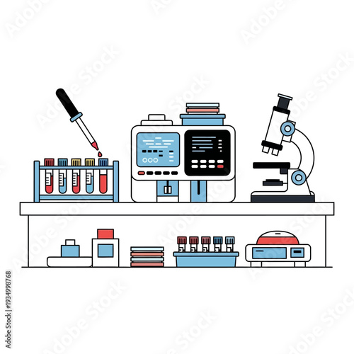 Medical Laboratory Equipment: Microscope, Analyzer, Test Tubes, Pipette on Shelf