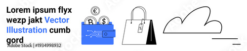 E-commerce, digital payments, cloud storage, online shopping, finance, technology. A wallet with coins digital transactions, a shopping bag and a cloud. E-commerce and digital payments concept