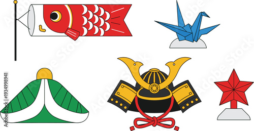 Japanese cultural symbols set illustration including samurai helmet origami crane carp streamer and traditional festival decorations design