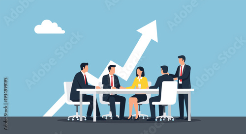 Business team meeting for financial growth and success, cad drawing flat vector illustration, corporate strategy planning with upward arrow graph.