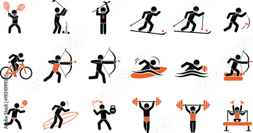 Sports activity icon set with tennis golf hockey skiing cycling archery swimming basketball surfing weightlifting and fitness training symbols.