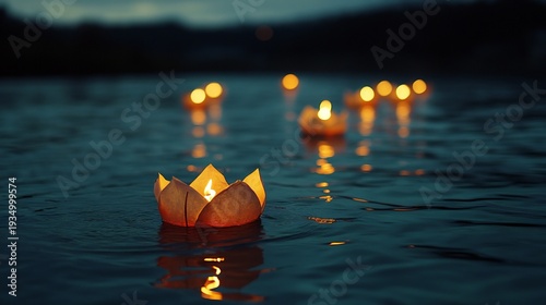 Paper lanterns floating on dark water during a traditional Floating Lantern Festival, symbolizing Memorial Day
