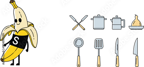 Cute Superhero Banana Character with Kitchen Utensils Cartoon Vector Set Featuring Knives Pots Spatula and Cooking Theme Illustration
