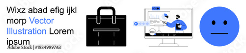 E-commerce, online shopping, communication tools, design elements, branding materials, identity concepts. Image shows a shopping bag, a digital interaction screen and a neutral face icon. E-commerce