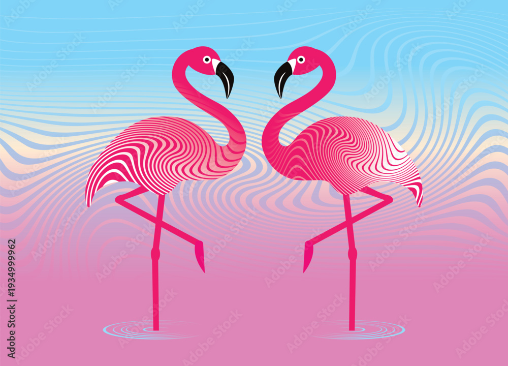 Obraz premium Wonderful flamingo with wavy pattern on sunset background