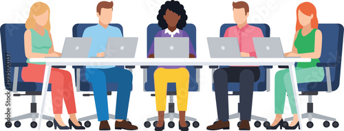 Diverse business team working on laptops at office table, cad drawing flat vector illustration, corporate collaboration and digital nomad workspace.