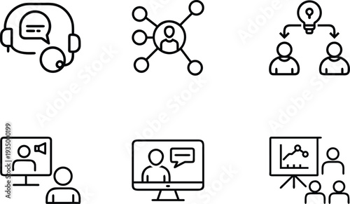 Set of business communication and teamwork icons in line style  various office interactions