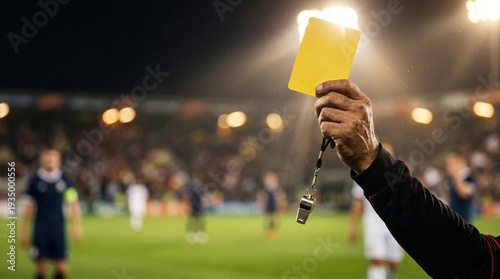 Referee Holding Yellow Card During Night Football Match.