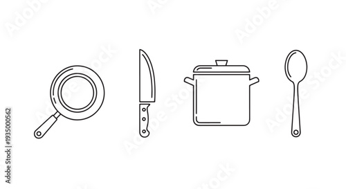 Minimal Single Line Kitchen Icon Set, 4 Objects Frying Pan Knife Pot Spoon Outline Stroke Pack