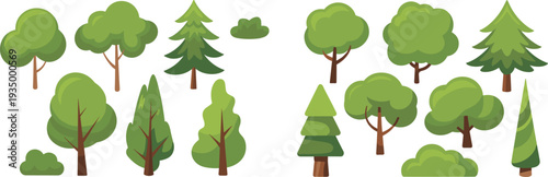 Cartoon tree set deciduous conifer forest trees various shapes green foliage round pine spruce bush shrub nature landscape vector illustration for game map design