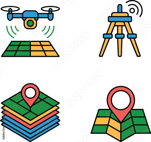 Drone surveying icon, theodolite total station, GPS map pin, layered topographic maps, geospatial technology set colorful vector illustration for land survey mapping and GIS design