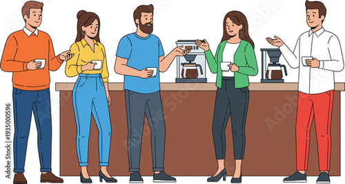 Diverse group of young adults casually chatting and sipping coffee together at cozy cafe counter with espresso machine friendly social gathering vector illustration