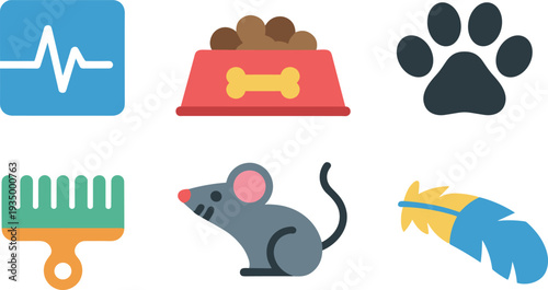 Pet care icon set heartbeat monitor food bowl paw print grooming brush mouse toy feather colorful flat design vector illustration for veterinary clinic animal shop app