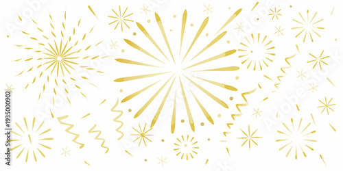 Golden fireworks display with sparkling bursts and celebratory confetti