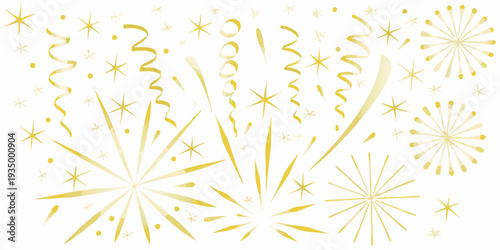 Golden confetti and sparkling starbursts on a clean white background