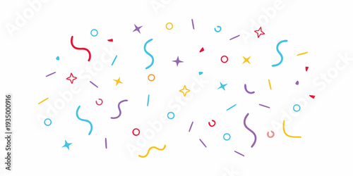Colorful confetti and abstract shapes scattered across a white background