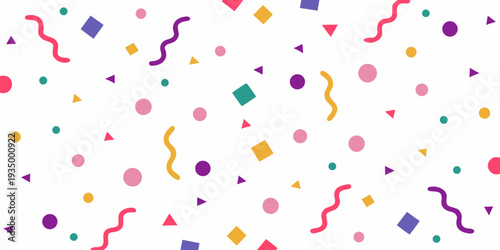 Colorful confetti and geometric shapes scattered across a white background