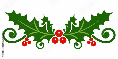 Festive holly branch illustration with red berries and swirling details