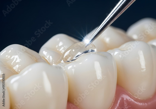 Extreme macro extreme close-up of a dentist applying a clear dental sealant or bonding agent to a tooth with a specialized tool, isolated on transparent background.