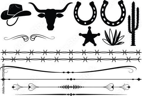 Western cowboy decorative elements vector set with hat bull skull horseshoe cactus sheriff star barbed wire vintage design