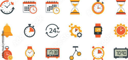 Time management and clock icon collection with calendar alarm stopwatch hourglass reminder watch timer and schedule symbols for productivity design.