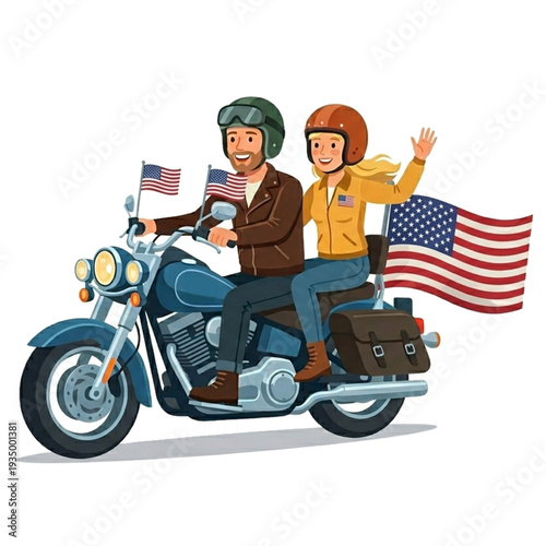 Couple ride motorcycle bring american flag