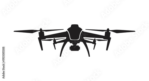 A stark black silhouette of a modern quadcopter drone with propellers viewed from directly above silhouette high quality