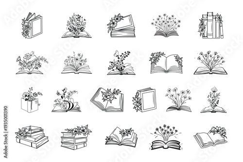 Floral Books Line Art Collection with Open and Stacked Books Botanical Illustrations in Elegant Black Outline Style