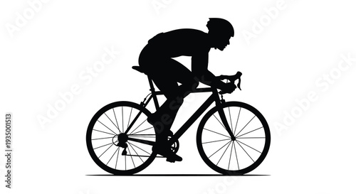 A dynamic black silhouette depicts a cyclist in motion leaning forward with focused determination silhouette high quality professional