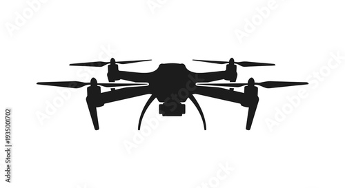 A stark black silhouette of a modern quadcopter drone showcasing its aerial design silhouette high quality professional detailed