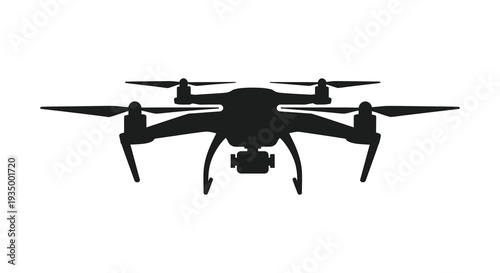 A stark black silhouette of a modern quadcopter drone showcasing its aerial design silhouette high quality professional detailed