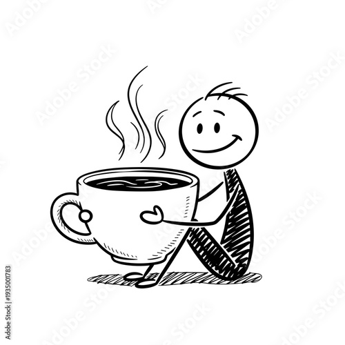 Happy stick figure enjoying coffee, perfect for coffee shops or wellness articles